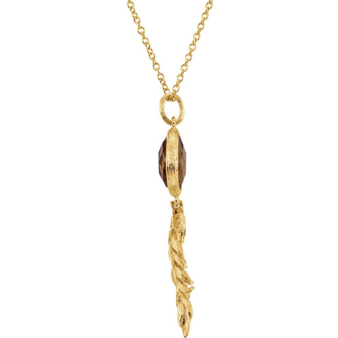 14K Yellow Gold-Plated Sterling Silver Checkerboard Honey Quartz Leaf 32" Necklace