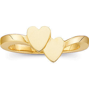 14k Yellow Gold Double Heart Signet Ring, Size 6