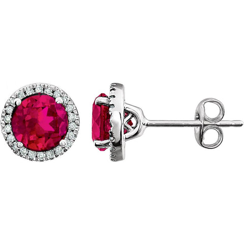 14k White Gold Created Ruby & 1/8 CTW Diamond Earrings