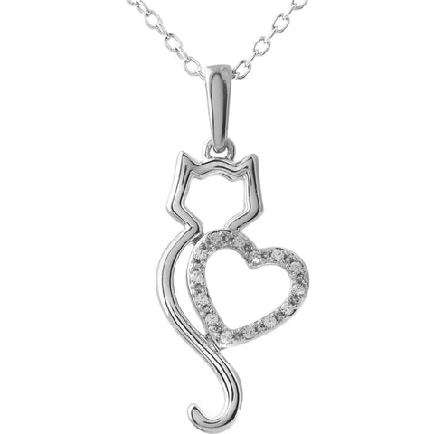 10k White Gold .05 CTW Diamond Cat Silhouette with Heart 18" Necklace