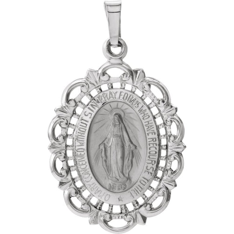 14k White Gold 25x18mm Oval Filigree Miraculous Medal