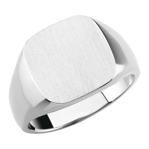 14k White Gold 14mm Men's Signet Ring with Brush Top Finish, Size 11