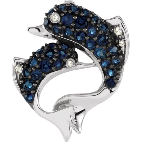 14k White Gold Blue Sapphire & .03 CTW Diamond Pendant