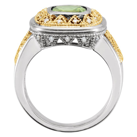 Sterling Silver & 14k Yellow Gold Peridot & Diamond Granulated Design Ring, Size 7