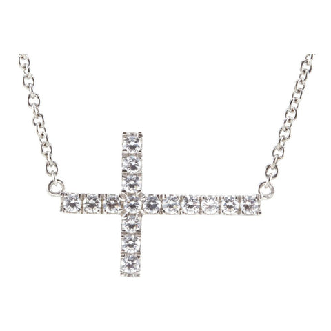 Sterling Silver Cubic Zirconia Sideways Cross 18" Necklace