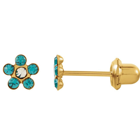 14k Yellow Gold Imitation "December" Youth Birthstone Flower Inverness Piercing Earrings