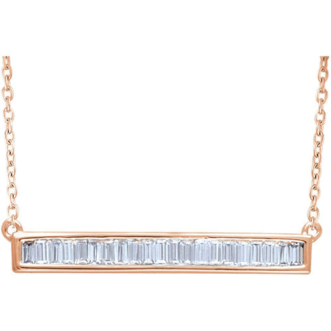 14k Rose Gold 1/2 CTW Diamond Baguette Bar 16-18" Necklace