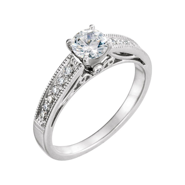 14k White Gold 5mm Round Forever Classic™ Moissanite & 1/6 CTW Diamond Engagement Ring, Size 7