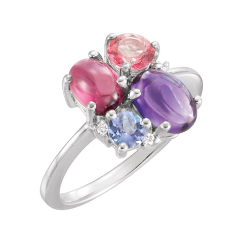 14k White Gold Amethyst, Rhodolite Garnet, Pink Topaz, Tanzanite & .03 CTW Diamond Multi-Shape Cluster Ring, Size 7