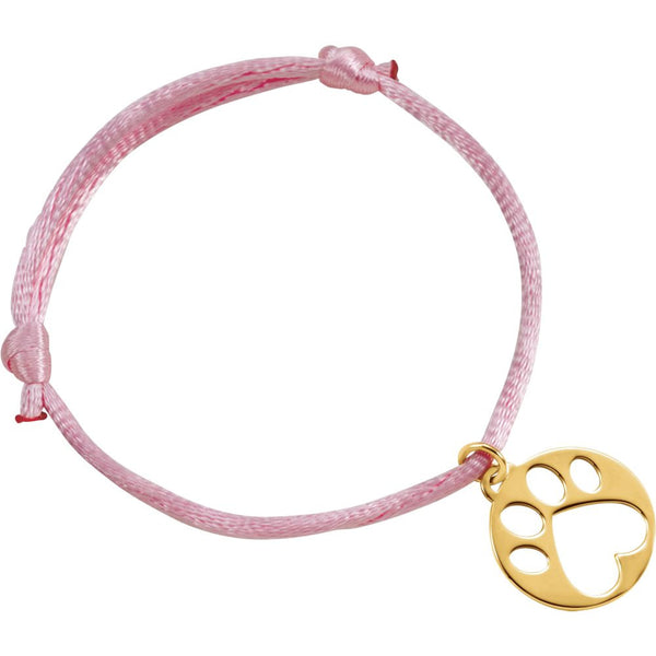 14k Yellow Gold Pink Satin Cord Adjustable Bracelet with Paw Charm