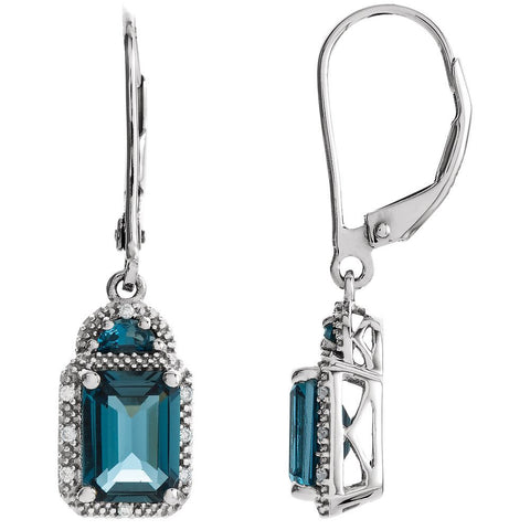 14k White Gold London Blue Topaz & .06 CTW Diamond Earrings
