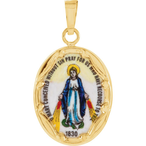 14k Yellow Gold 17x13.5mm Miraculous Hand-Painted Porcelain Medal