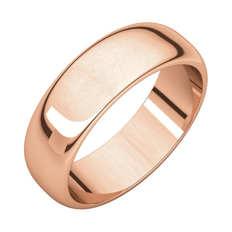 14k Rose Gold 6mm Half Round Wedding Band, Size 10