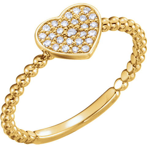 14k Yellow Gold 1/8 CTW Diamond Heart Bead Ring, Size 7