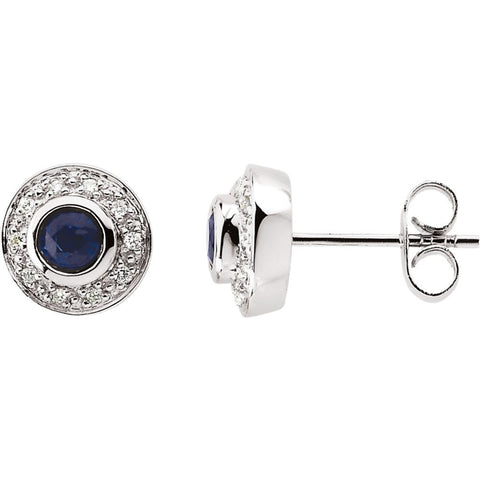 14k White Gold 3.5mm Round Sapphire & 1/10 CTW Diamond Earrings