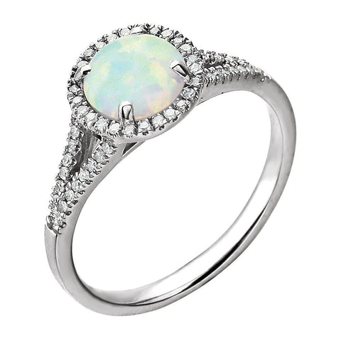 14k White Gold Lab Grown Opal and 1/6 CTW Diamond Ring , Size 7