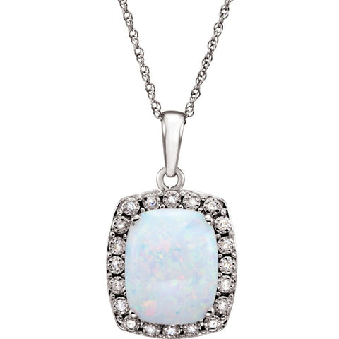 14k White Gold Created Opal & .05 CTW Diamond Necklace