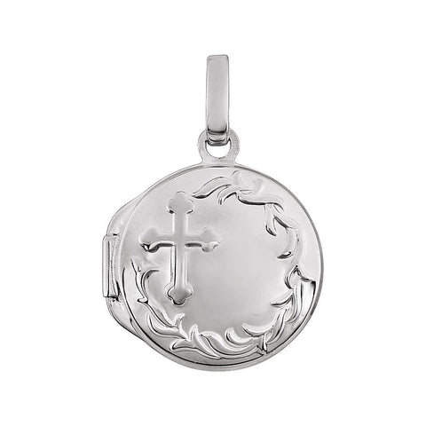 14k White Gold Round Cross Locket