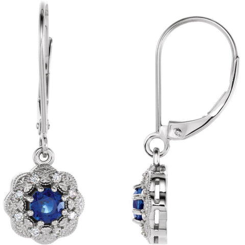 14k White Gold Blue Sapphire & 1/8 CTW Diamond Halo-Style Earrings