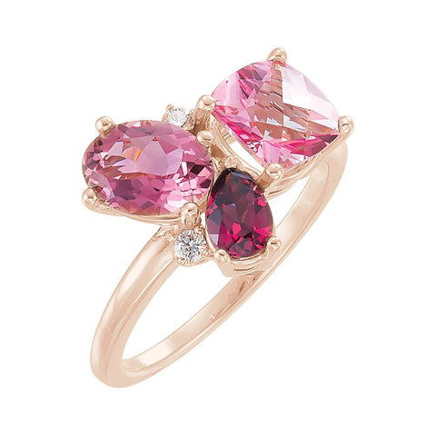 14k Rose Gold Multi-Gemstone & .05 CTW Diamond Cluster Ring , Size 7