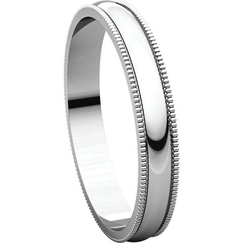 14k White Gold 3mm Light Milgrain Band, Size 8