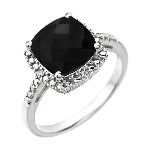 14k White Gold Onyx & .03 CTW Diamond Ring , Size 7