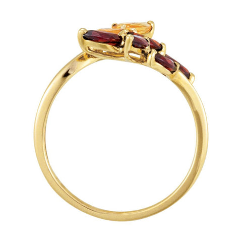 14k Yellow Gold Citrine & Mozambique Garnet Leaf Design Bypass Ring, Size 8