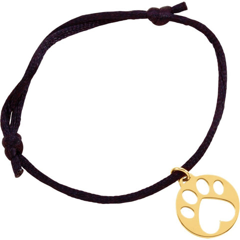 14k Yellow Gold Black Satin Cord Adjustable Bracelet with Paw Charm