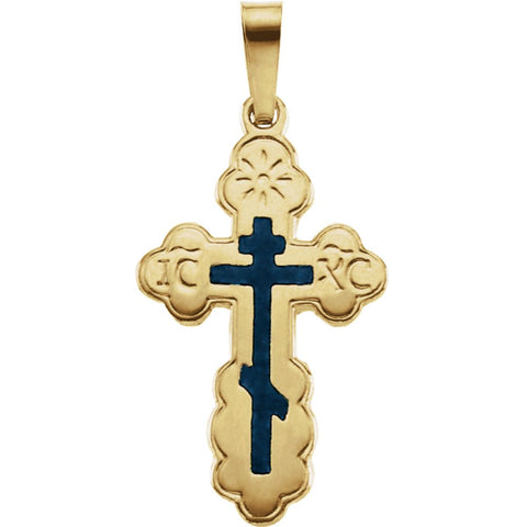 14k Yellow Gold 19x13mm Orthodox Cross Pendant with Blue Enamel