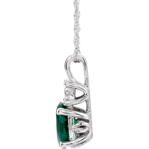 14k White Gold Created Emerald & .02 CTW Diamond Necklace