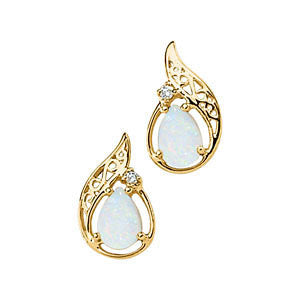 14k Yellow Gold Opal Cabochon & Diamond Earrings