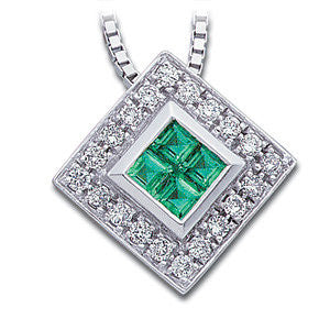 14k White Gold Genuine Emerald and Diamond Necklace