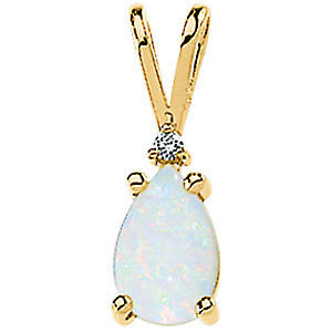 14k Yellow Gold Genuine Opal Cabochon & Diamond Pendant