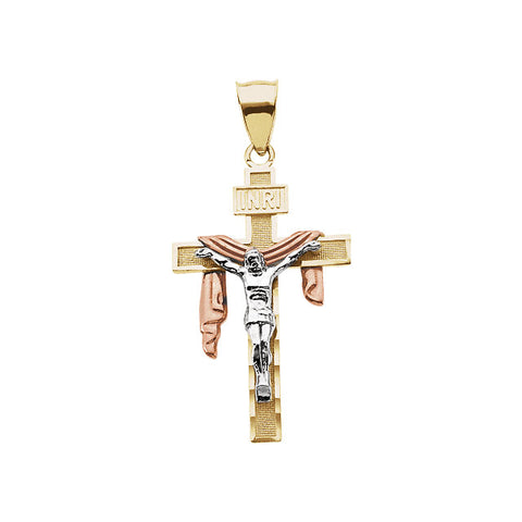 23.50x15.00 mm Tricolor Crucifix Cross with Shroud Pendant in 14K Yellow Gold