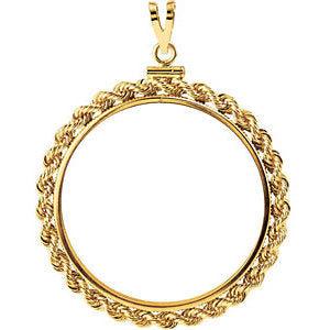 14k Yellow Gold 32.7x2.7mm Screw Top Rope Coin Frame Pendant for 1 Ounce American Eagle or South African Rand (Krugerrand) Coin