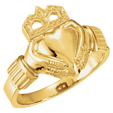 14k Yellow Gold 14.5x10.5mm Ladies Claddagh Ring, Size 7