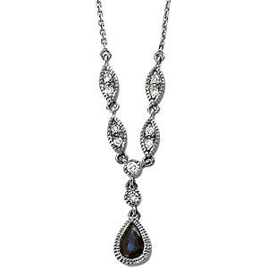 Genuine Blue Sapphire & Diamond Necklace in 14K White Gold