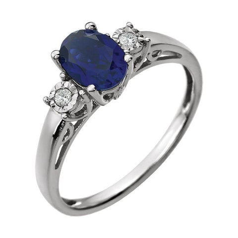 14k White Gold Created Blue Sapphire & .04 CTW Diamond Ring, Size 7