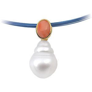 14k White Gold 8x6mm Coral & 12mm South Sea Cultured Pearl Pendant