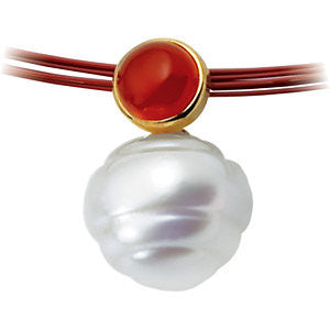 14k White Gold 6mm Carnelian & 11mm South Sea Cultured Circle Pearl Pendant