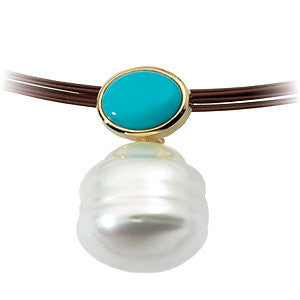 14k Yellow Gold 8x6mm Turquoise & South Sea Cultured Pearl Pendant