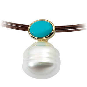 14k White Gold 8x6mm Turquoise & South Sea Cultured Pearl Pendant