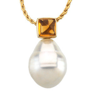 14k White Gold 5mm Citrine & 11mm South Sea Cultured Circle Pearl Pendant