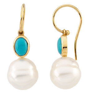 14k Yellow Gold Turquoise & 11mm South Sea Cultured Pearl Earrings