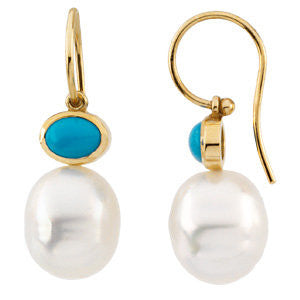 14k Yellow Gold 7x5mm Turquoise Semi-set Earrings for Pearls