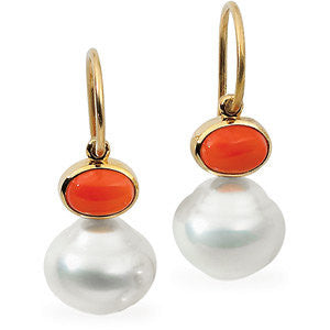 14k Yellow Gold 8x6mm Carnelian & 12mm South Sea Cultured Pearl Earrings