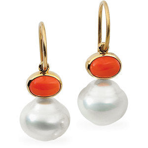 14k White Gold 7x5mm Carnelian & 11mm South Sea Cultured Pearl Earrings