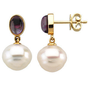 14k White Gold South Sea Cultured Pearl & Amethyst Earrings