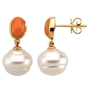 14k Yellow Gold South Sea Cultured Pearl & Coral Earrings
