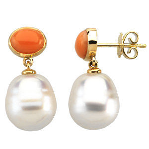 14k White Gold 7x5mm Oval Coral Dangle Earrings